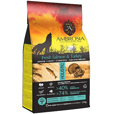 Сухий корм для літніх стерилізованих собак міні порід Ambrosia Grain Free з індичкою та свіжим лососем