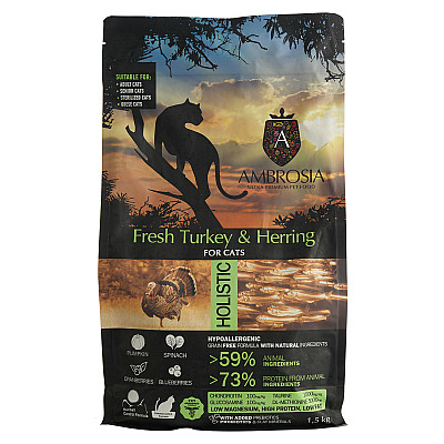 Сухой корм для стерилизованных кошек Ambrosia Grain Free Sterilized Cat Fresh Turkey & Herring со свежей индейкой и селедкой