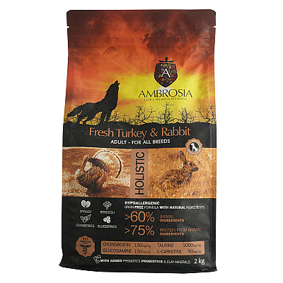 Сухий корм для дорослих собак усіх порід Ambrosia Grain Free Dog Adult Sensitive Fresh Turkey & Rabbit з свіжою індичкою та кроликом
