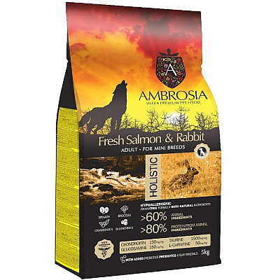 Сухий корм для дорослих собак малих порід з чутливим травленням Ambrosia Grain Free Sensitive кроль та лосось