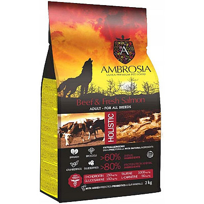 Сухий корм для дорослих собак усіх порід Ambrosia Grain Free з яловичиною та свіжим лососем