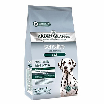 Сухий беззерновий корм для собак з чутливим травленням Arden Grange Adult Sensitive з білою рибою та картоплею