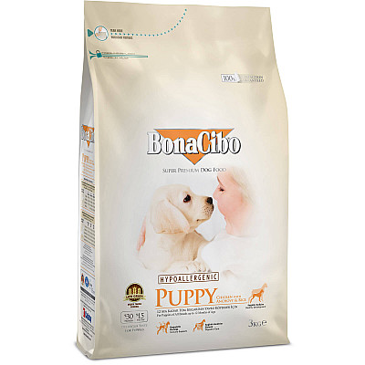 Сухий корм для цуценят усіх порід, віком до 12 місяців BonaCibo Puppy з м`ясом курки, анчоусами та рисом