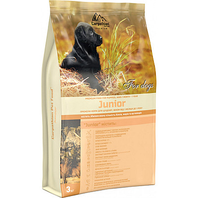 Сухий корм для цуценят від 1 місяця до 1 року Carpathian Pet Food Junior з куркою, скумбрією та сухим молоком