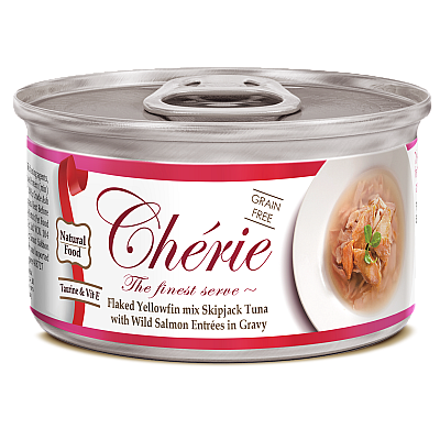 Вологий корм Cherie Signature Gravy Mix Tuna & Wild Salmon для котів з ніжними шматочками жовтоперого та смугастого тунця та дикого лосося в соусі