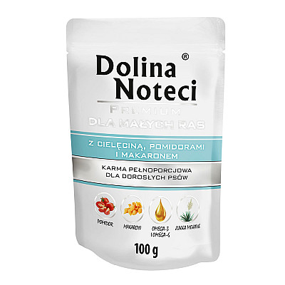 Вологий корм для дорослих собак дрібних порід Dolina Noteci Premium телятина, помідори та паста саше