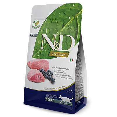Беззерновой сухой корм N&D GRAIN FREE PRIME CAT LAMB & BLUEBERRY ADULT для взрослых кошек (ягненок/черника)