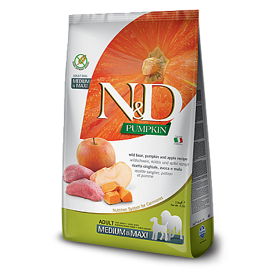  Беззерновий корм для собак  N&D GRAIN FREE PUMPKIN DOG BOAR & APPLE ADULT MEDIUM & MAXI средніхі та великих порід (гарбуз / дикий кабан / яблуко)