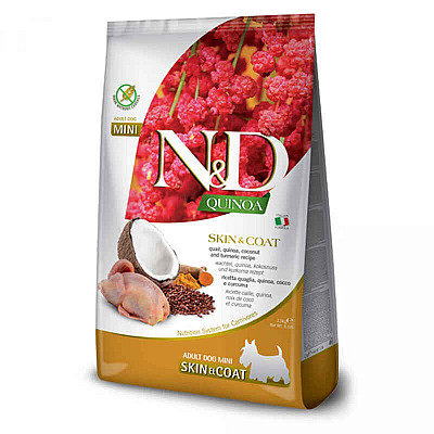 Сухой беззерновой корм с перепелом и кино для взрослых собак малых пород Farmina N&D Quinoa GF Skin&Coat Adult Mini - , при пищевой аллергии 