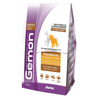Сухой корм GEMON MEDIUM PUPPY & JUNIOR C КУРИЦЕЙ И РИСОМ. ПОЛНОЦЕННЫЙ РАЦИОН ДЛЯ ЩЕНКОВ СРЕДНИХ ПОРОД.