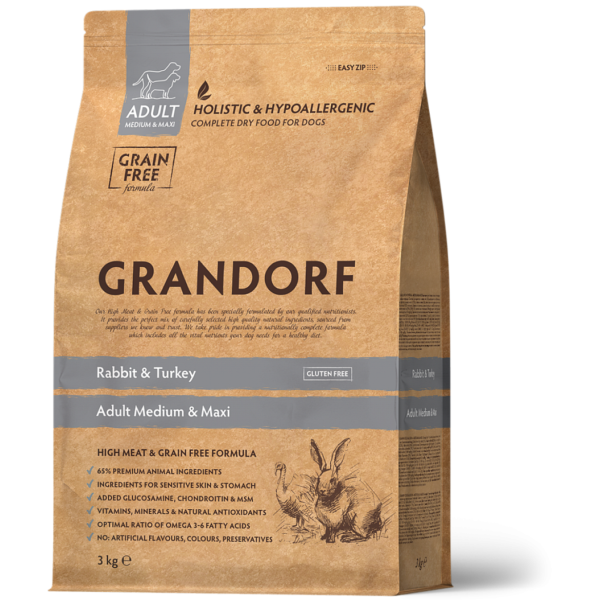 Сухой корм для взрослых собак Grandorf Rabbit and Turkey Adult Medium/Maxi с кроликом и индейкой, 3 кг