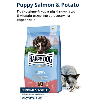 Happy Dog Sensible Puppy Salmon&Potato - Сухий беззерновий корм з лососем та картоплею для цуценят середніх та великих порід віком від 1 до 6 місяців, 10 кг