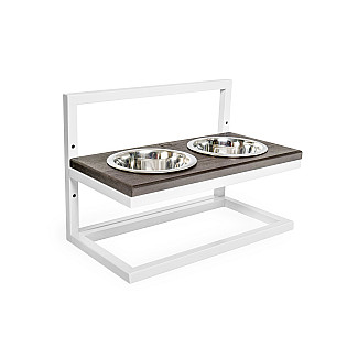 Миски на подставке с регулируемой высотой Lift Brown Wood + White, Large (52x26cm / высота от 15cm до 40 cm/ Миски 1.8 л)