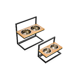 Миски на подставке c регулируемой высотой Lift Natural Wood + Black, Medium (42x21cm / высота 10cm-15сm-20cm/ Миски 0.75 л)