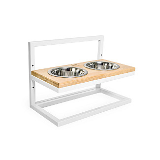 Миски на підставці з регульованою висотою Lift Natural Wood + White, Large (52x26cm / висота от 15cm до 40 cm/ Миски 1.8 л)