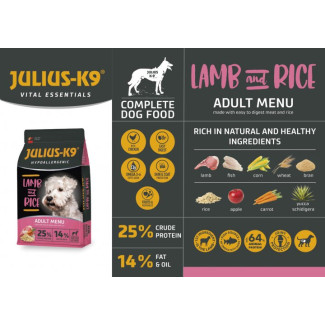 Сухий корм для дорослих собак JULIUS-К9 HighPremium ADULТ Гіпоалергенний Ягня та Рис, 12 кг