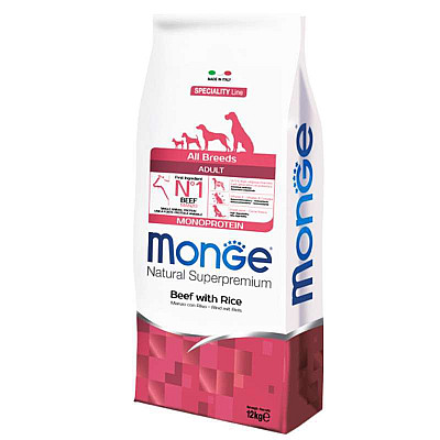 Сухий монопротеїновий корм Monge Monoprotein All Breeds Adult Beef with Rice із яловичиною та рисом для дорослих собак різних порід