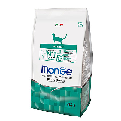 Сухой корм Monge Hairball Rich in Chicken для выведения шерсти из желудка для взрослых котов