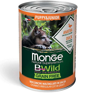 Консервований корм для цуценят (шматочки у соусі) Monge (Монж) BWild Grain Free Wet Duck Puppy&Junior із качки з гарбузом та кабачками, 400 г
