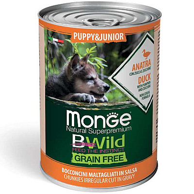 Консервований корм для цуценят (шматочки у соусі) Monge (Монж) BWild Grain Free Wet Duck Puppy&Junior із качки з гарбузом та кабачками