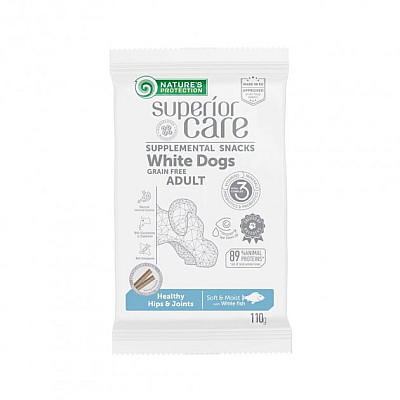 Беззерновые лакомства Nature's Protection Superior Care White Dogs Healthy hips & joints с белой рыбой для взрослых собак всех пород с белым окрасом шерсти