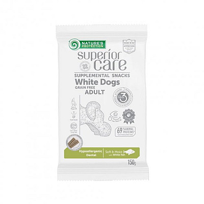Беззерновые лакомства Nature's Protection Superior Care White Dogs Hypoallergenic & Dental Care с белой рыбой для взрослых собак всех пород с белым окрасом шерсти
