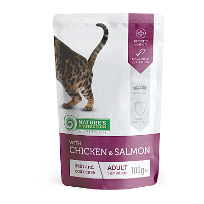 Влажный корм Nature's Protection Skin & Соат care with Chicken and Salmon с курицей и лососем для взрослых кошек для поддержания здоровья шерсти и кожи