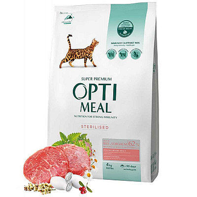 Сухой корм для стерилизованных кошек и кастрированных котов OPTIMEAL  с высоким содержанием говядины и сорго
