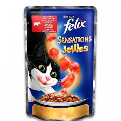 Апетитні шматочки Purina Felix Sensations з яловичиною та томатами, в желе