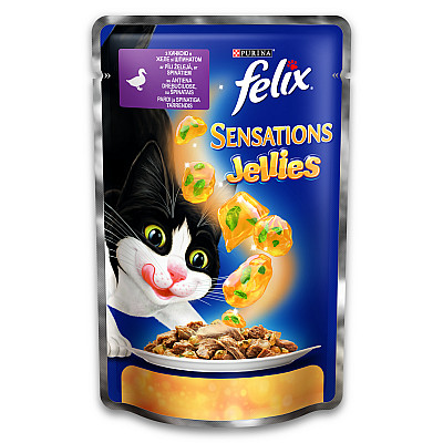Апетитні шматочки Purina Felix Sensations jellie з качкою та шпинатом