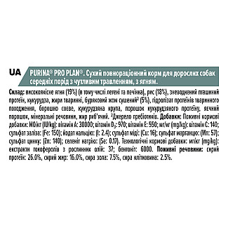Сухий корм PRO PLAN Medium Adult 1+ Sensitive Digestion для дорослих собак середніх порід з чутливим травленням з ягням, 14 кг
