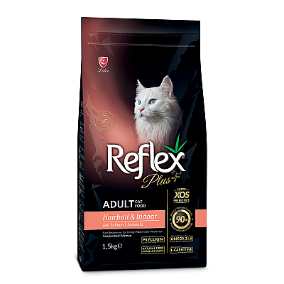 Сухой корм для котов, которые живут в помещении и выведения шерсти Reflex Plus с лососем