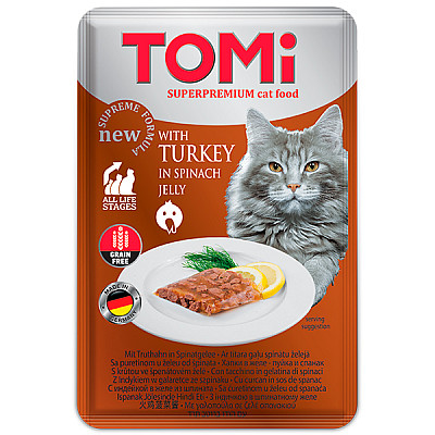 TOMi TURKEY in spinach jelly ТОМИ ИНДЕЙКА В ШПИНАТНОМ ЖЕЛЕ суперпремиум влажный корм, консервы для кошек, пауч