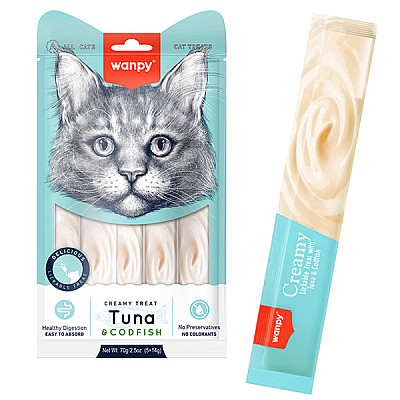 Wanpy Creamy Lickable Treats Tuna & Codfish ВАНПІ ТУНЕЦЬ З ТРІСКОЮ рідкі ласощі для котів