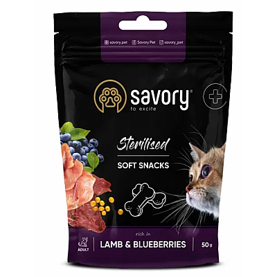 Savory (Сейворі) Sterilised Soft Snacks Lamb & Bkueberries Ласощі м’які для котів ягня та чорниця
