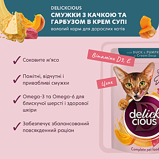 Повнораціонний консервований корм для дорослих котів DELICKCIOUS "Смужки з качкою та гарбузом в крем супі", 85 г