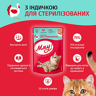 Влажный корм для стерилизованных кошек Мяу! с индейкой в ​​нежном соусе, 85г