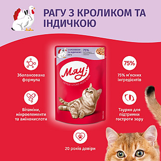 Влажный корм для взрослых кошек Мяу! рагу с кроликом и индейкой, 85г