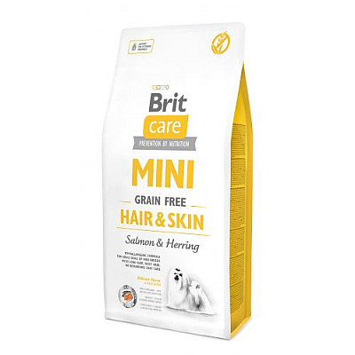 Сухий беззерновий корм для малих порід собак Brit Care Mini Hair and Skin з лососем та оселедцем
