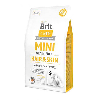 Сухий беззерновий корм для малих порід собак Brit Care Mini Hair and Skin з лососем та оселедцем