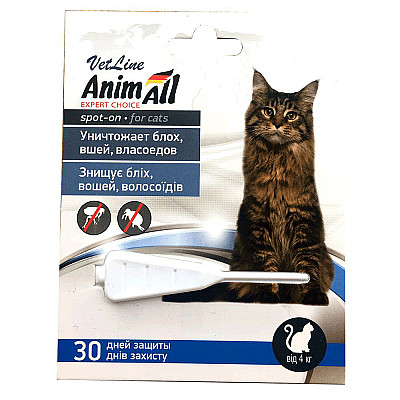 Краплі AnimAll VetLine Спот-Он проти бліх, вошей, волосоїдів, для котів 1 мл 