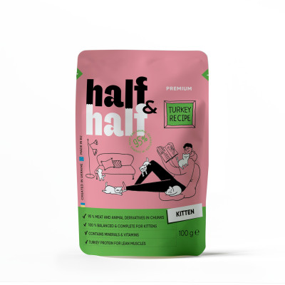 Корм влажный Half&Half для котят, кусочки с индейкой в желе в форме пауча