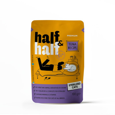 Корм влажный Half&Half для стерилизованных кошек, кусочки с тунцом в соусе в форме пауча