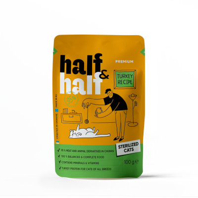 Корм влажный Half&Half для стерилизованных кошек, кусочки с индейкой в желе в форме пауча