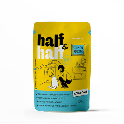 Корм влажный Half&Half для взрослых кошек, кусочки с лососем в желе в форме пауча