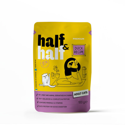 Корм влажный Half&Half для взрослых кошек, кусочки с уткой в соусе в форме пауча