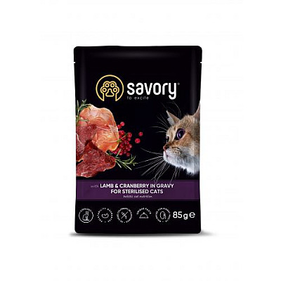 Вологий корм для стерилізованих котів Savory ягня з журавлиною у соусі