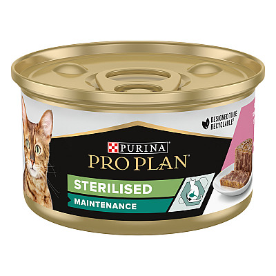 Вологий корм для для стерилізованих котів Purina Pro Plan Sterilised шматочки в паштеті, з тунцем і лососем