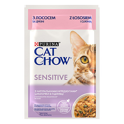 Влажный корм CAT CHOW Sensitive для котов с чувствительным пищеварением , кусочки в подливе з лососем и цукини