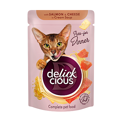 Повнораціонний консервований корм для дорослих котів DELICKCIOUS™ "Смужки з лососем та сиром в крем супі"
